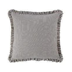 Iris Ticking Black Stripe Seersucker Frill Cushion – 50x50 Square Ruffle Decorative Pillow -Daals Store QC CUSH RUFSTRIPE BLACK50 WB1