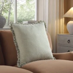 Iris Ticking Green Stripe Seersucker Frill Cushion – 50x50 Luxury Ruffle Edge Home Decor -Daals Store QC CUSH RUFSTRIPE GREEN50 scene2