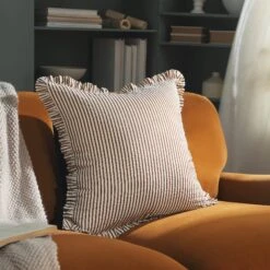 Iris Ticking Yellow Stripe Seersucker Frill Cushion – 50cm Ruffle Edge Textured Cotton Pillow -Daals Store QC CUSH RUFSTRIPE YELLOW50 scene1