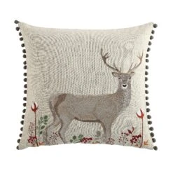 Country Collection Stag Embroidered Linen Blend Cushion - Grey Pompom Trim & Brown Herringbone Reverse 50x50cm 11 Country Collection Stag Embroidered Linen Blend Cushion - Grey Pompom Trim & Brown Herringbone Reverse 50x50cm -Daals Store QC CUSH STAG50 WB1
