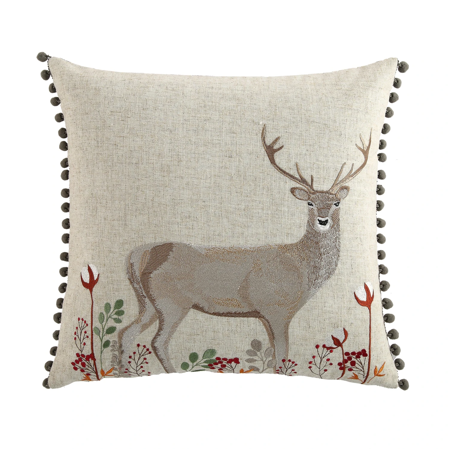 Country Collection Stag Embroidered Linen Blend Cushion - Grey Pompom Trim & Brown Herringbone Reverse 50x50cm 3 Country Collection Stag Embroidered Linen Blend Cushion - Grey Pompom Trim & Brown Herringbone Reverse 50x50cm - Image 3