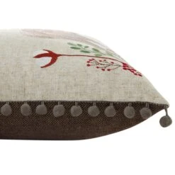 Country Collection Stag Embroidered Linen Blend Cushion - Grey Pompom Trim & Brown Herringbone Reverse 50x50cm 13 Country Collection Stag Embroidered Linen Blend Cushion - Grey Pompom Trim & Brown Herringbone Reverse 50x50cm -Daals Store QC CUSH STAG50 detail1
