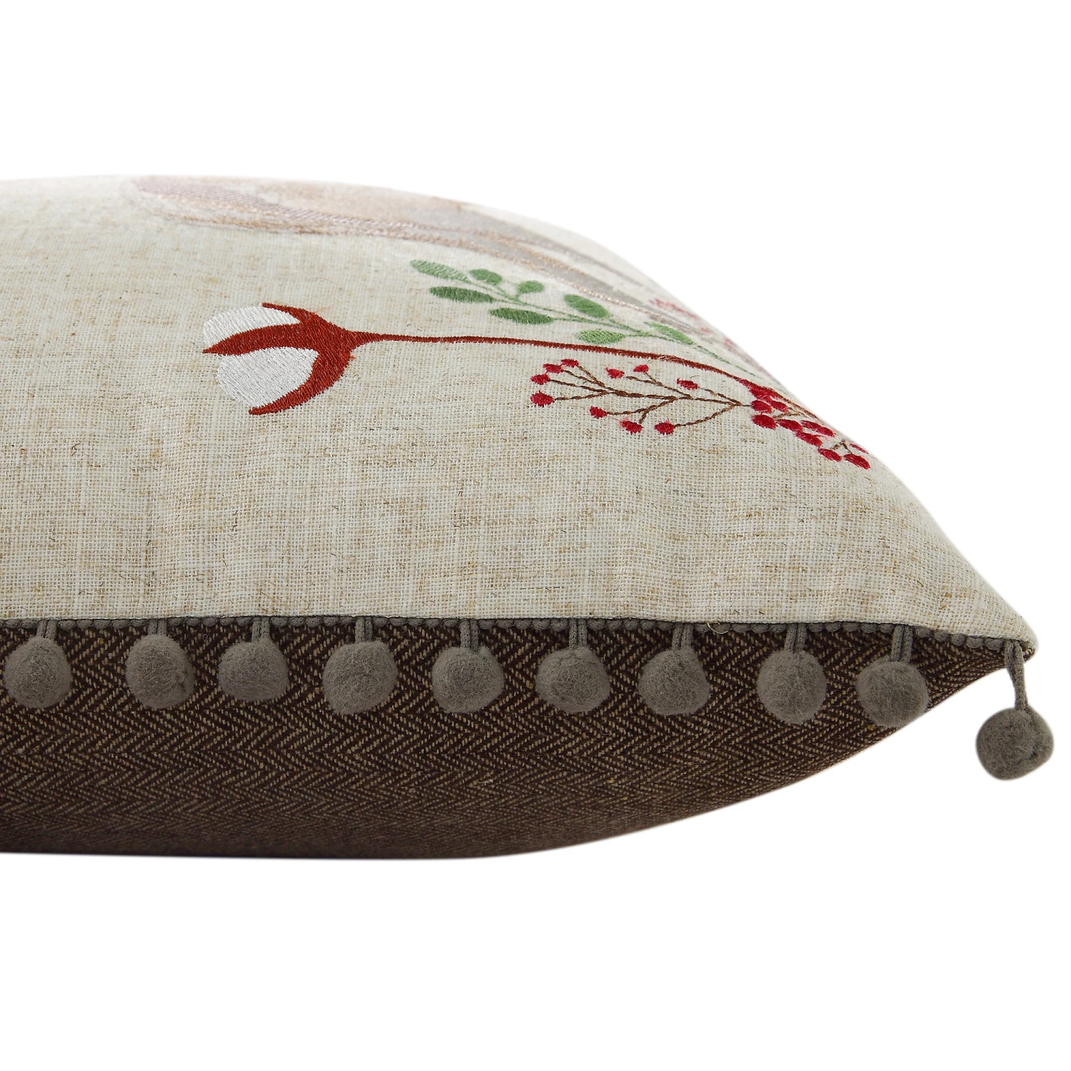 Country Collection Stag Embroidered Linen Blend Cushion - Grey Pompom Trim & Brown Herringbone Reverse 50x50cm 5 Country Collection Stag Embroidered Linen Blend Cushion - Grey Pompom Trim & Brown Herringbone Reverse 50x50cm - Image 5
