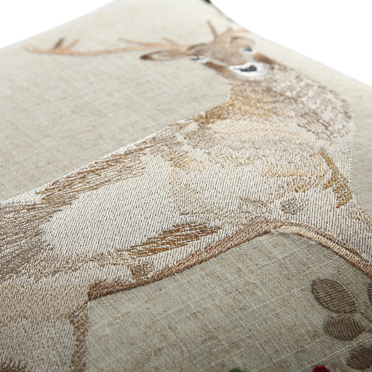 Country Collection Stag Embroidered Linen Blend Cushion - Grey Pompom Trim & Brown Herringbone Reverse 50x50cm 6 Country Collection Stag Embroidered Linen Blend Cushion - Grey Pompom Trim & Brown Herringbone Reverse 50x50cm - Image 6