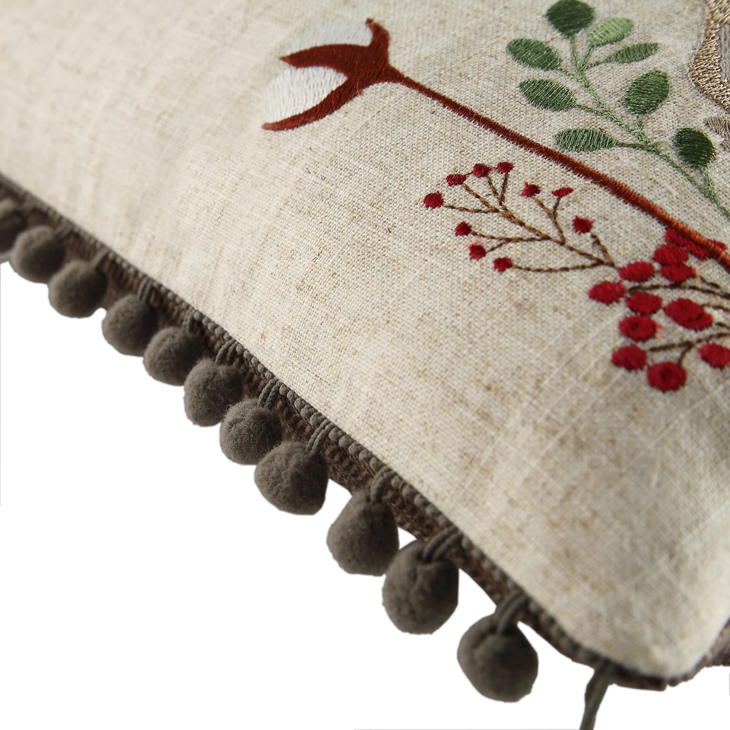 Country Collection Stag Embroidered Linen Blend Cushion - Grey Pompom Trim & Brown Herringbone Reverse 50x50cm 7 Country Collection Stag Embroidered Linen Blend Cushion - Grey Pompom Trim & Brown Herringbone Reverse 50x50cm - Image 7