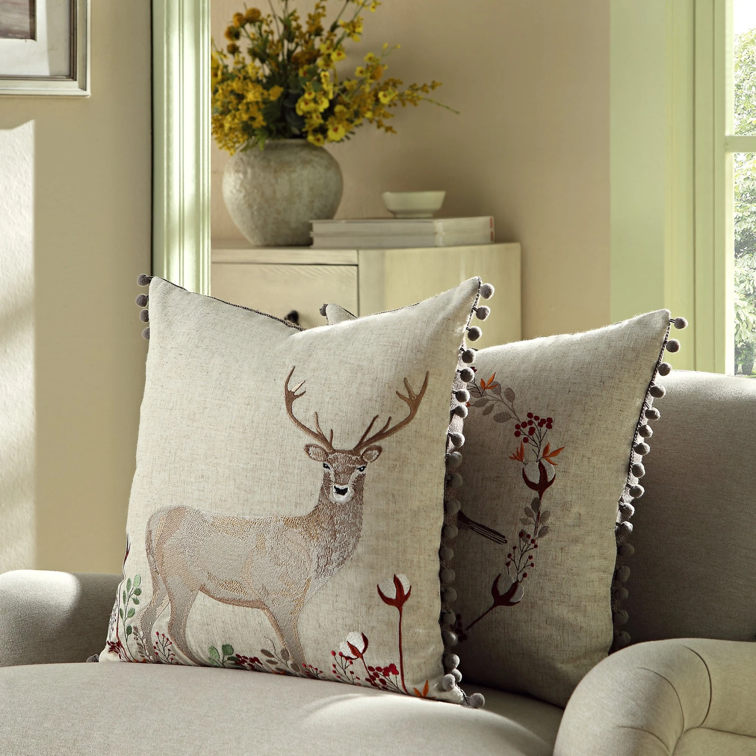 Country Collection Stag Embroidered Linen Blend Cushion - Grey Pompom Trim & Brown Herringbone Reverse 50x50cm 2 Country Collection Stag Embroidered Linen Blend Cushion - Grey Pompom Trim & Brown Herringbone Reverse 50x50cm - Image 2