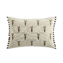 Country Collection Stag Repeat Embroidered Linen Blend Cushion – Grey Pompom Trim & Herringbone Reverse -Daals Store QC CUSH STAGREPEAT35 WB1