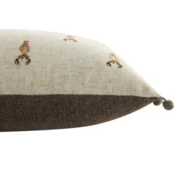 Country Collection Stag Repeat Embroidered Linen Blend Cushion – Grey Pompom Trim & Herringbone Reverse -Daals Store QC CUSH STAGREPEAT35 detail1