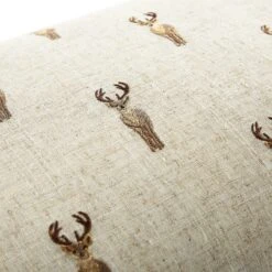 Country Collection Stag Repeat Embroidered Linen Blend Cushion – Grey Pompom Trim & Herringbone Reverse -Daals Store QC CUSH STAGREPEAT35 detail2