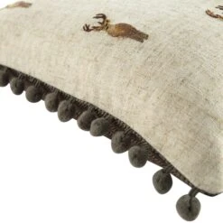 Country Collection Stag Repeat Embroidered Linen Blend Cushion – Grey Pompom Trim & Herringbone Reverse -Daals Store QC CUSH STAGREPEAT35 detail3