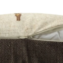 Country Collection Stag Repeat Embroidered Linen Blend Cushion – Grey Pompom Trim & Herringbone Reverse -Daals Store QC CUSH STAGREPEAT35 detail4