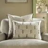 Country Collection Stag Repeat Embroidered Linen Blend Cushion – Grey Pompom Trim & Herringbone Reverse -Daals Store QC CUSH STAGREPEAT35 main