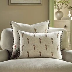 Country Collection Stag Repeat Embroidered Linen Blend Cushion – Grey Pompom Trim & Herringbone Reverse