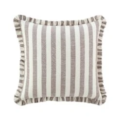 Edith Beige Striped Reversible Linen Blend Cushion - Ruffled Edge Square Throw Pillow -Daals Store QC CUSH STRIPE BEIGELINEN50 WB1