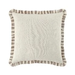 Edith Beige Striped Reversible Linen Blend Cushion - Ruffled Edge Square Throw Pillow -Daals Store QC CUSH STRIPE BEIGELINEN50 WB2