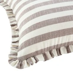 Edith Beige Striped Reversible Linen Blend Cushion - Ruffled Edge Square Throw Pillow -Daals Store QC CUSH STRIPE BEIGELINEN50 detail2