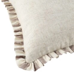 Edith Beige Striped Reversible Linen Blend Cushion - Ruffled Edge Square Throw Pillow -Daals Store QC CUSH STRIPE BEIGELINEN50 detail3