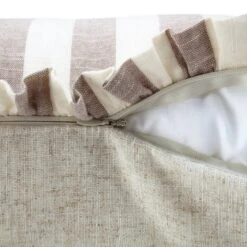 Edith Beige Striped Reversible Linen Blend Cushion - Ruffled Edge Square Throw Pillow -Daals Store QC CUSH STRIPE BEIGELINEN50 detail5