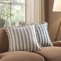 Edith Beige Striped Reversible Linen Blend Cushion - Ruffled Edge Square Throw Pillow -Daals Store QC CUSH STRIPE BEIGELINEN50 scene1