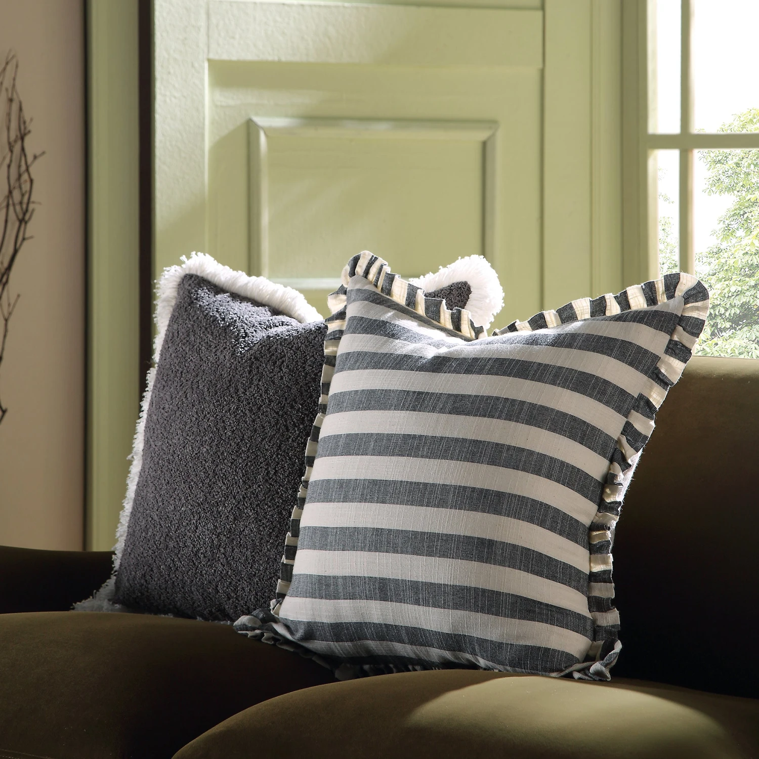 Edith Black Striped and Natural Linen β Reversible Frill Edge 50x50 Cushion 2 Edith Black Striped and Natural Linen β Reversible Frill Edge 50x50 Cushion - Image 2