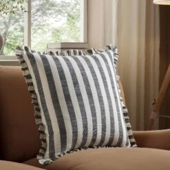 Edith Black Striped and Natural Linen β Reversible Frill Edge 50x50 Cushion 14 Edith Black Striped and Natural Linen β Reversible Frill Edge 50x50 Cushion -Daals Store QC CUSH STRIPE BLACKLINEN50 scene3