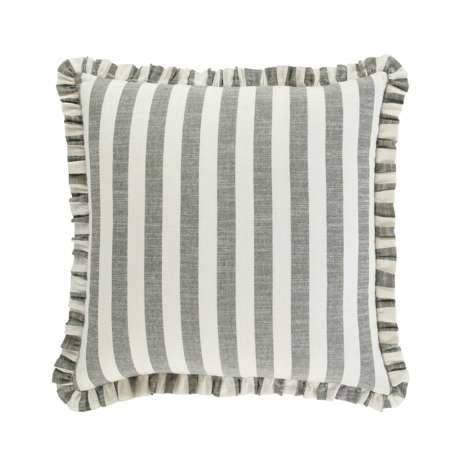 Edith Sage Green Striped & Natural Linen Reversible Frill Cushion - 50x50 Square Pillow 1 Edith Sage Green Striped & Natural Linen Reversible Frill Cushion - 50x50 Square Pillow