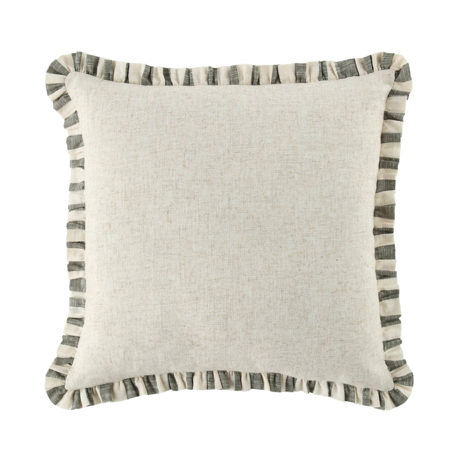 Edith Sage Green Striped & Natural Linen Reversible Frill Cushion - 50x50 Square Pillow 2 Edith Sage Green Striped & Natural Linen Reversible Frill Cushion - 50x50 Square Pillow - Image 2