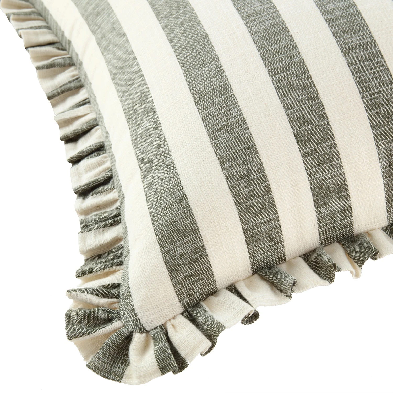 Edith Sage Green Striped & Natural Linen Reversible Frill Cushion - 50x50 Square Pillow 4 Edith Sage Green Striped & Natural Linen Reversible Frill Cushion - 50x50 Square Pillow - Image 4