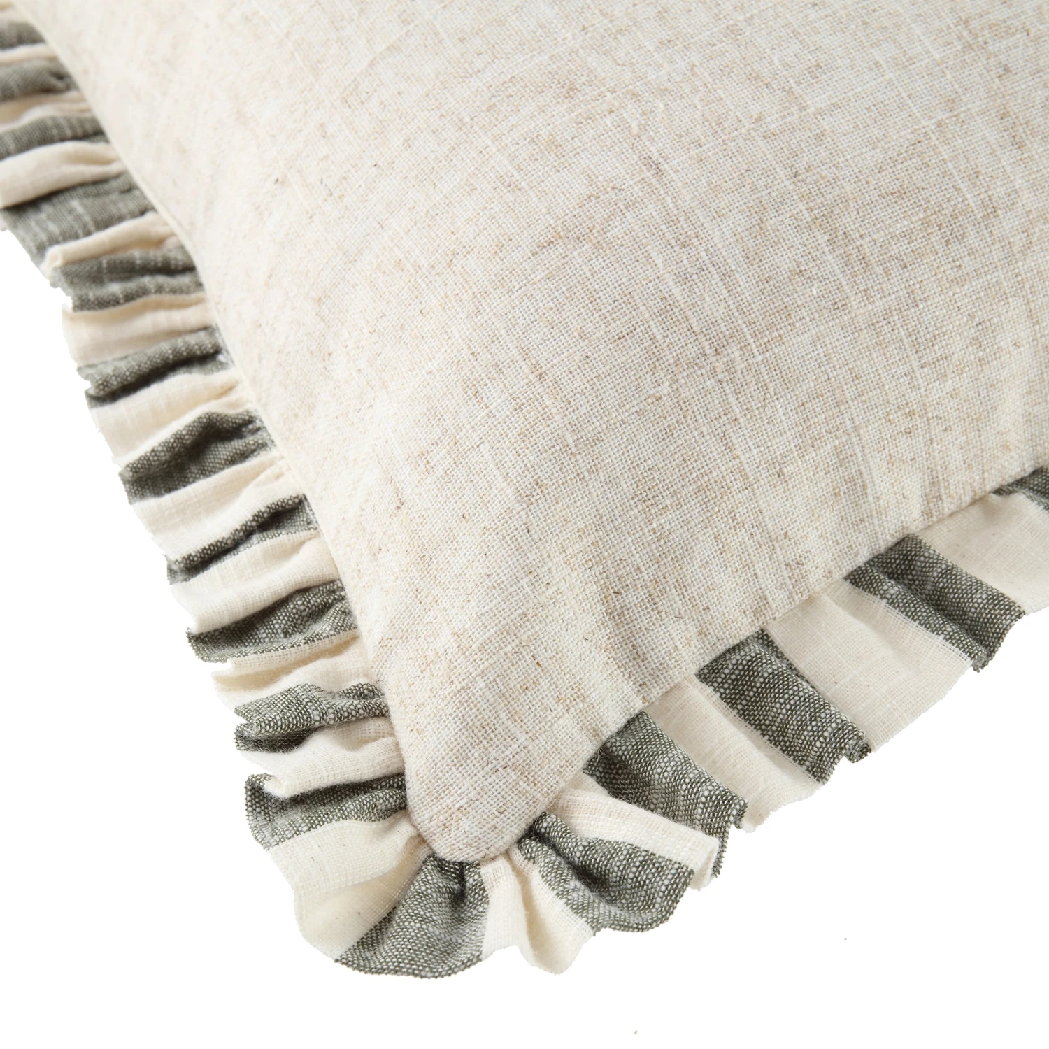Edith Sage Green Striped & Natural Linen Reversible Frill Cushion - 50x50 Square Pillow 5 Edith Sage Green Striped & Natural Linen Reversible Frill Cushion - 50x50 Square Pillow - Image 5