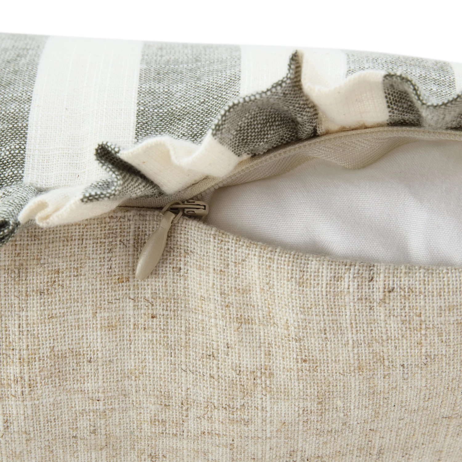 Edith Sage Green Striped & Natural Linen Reversible Frill Cushion - 50x50 Square Pillow 7 Edith Sage Green Striped & Natural Linen Reversible Frill Cushion - 50x50 Square Pillow - Image 7