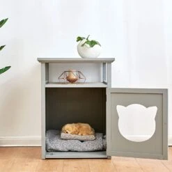 BASTET Wooden Cat Cave Bedside Cabinet Litter Box Cat House Nightstand Grey -Daals Store RF 9287 G scene2