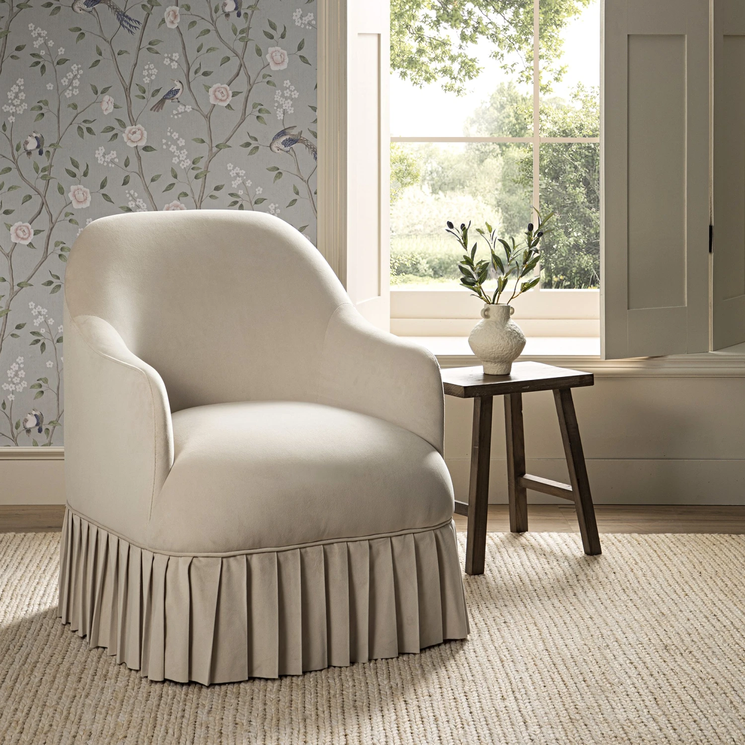 Calliope Skirted Armchair, Beige Velvet 1 Calliope Skirted Armchair, Beige Velvet