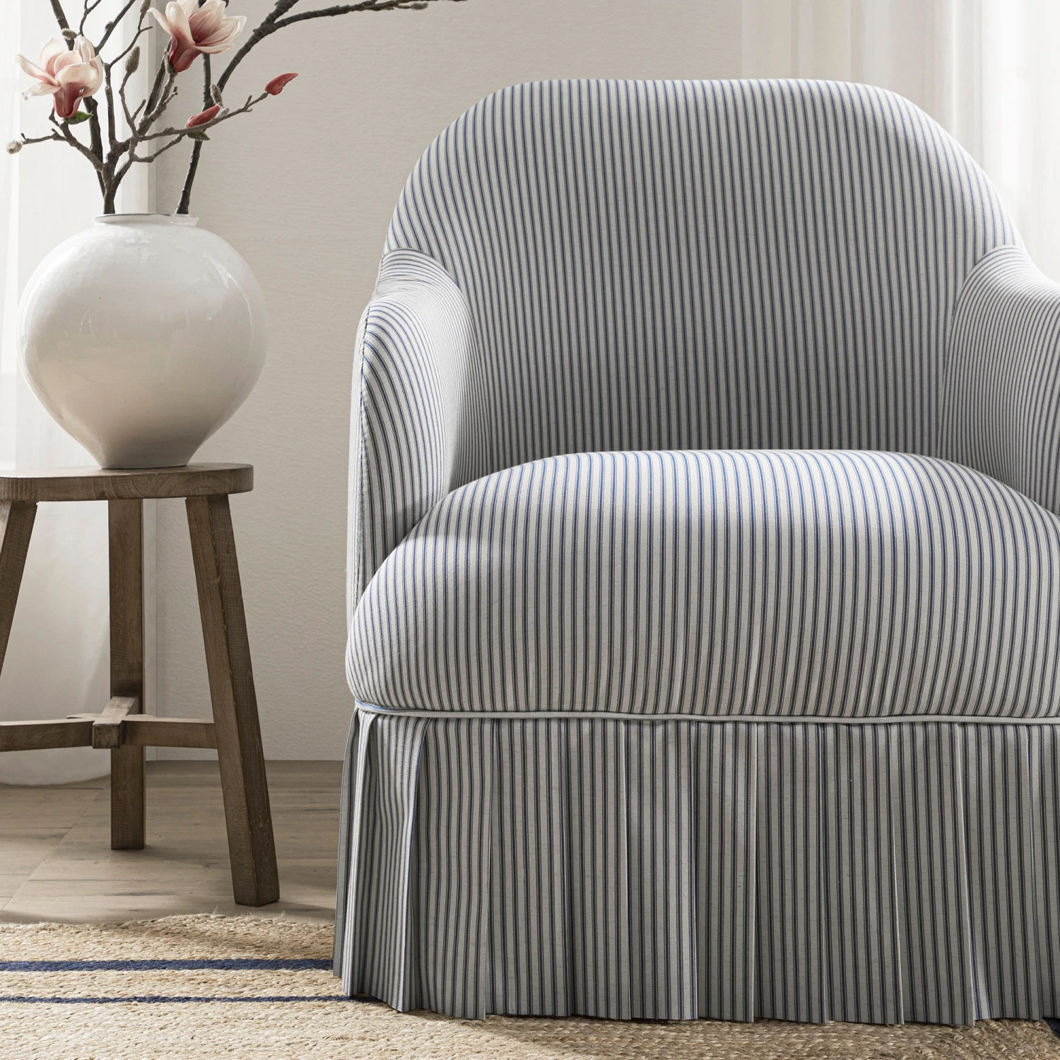 Calliope Skirted Armchair, Blue Striped 4 Calliope Skirted Armchair, Blue Striped - Image 4