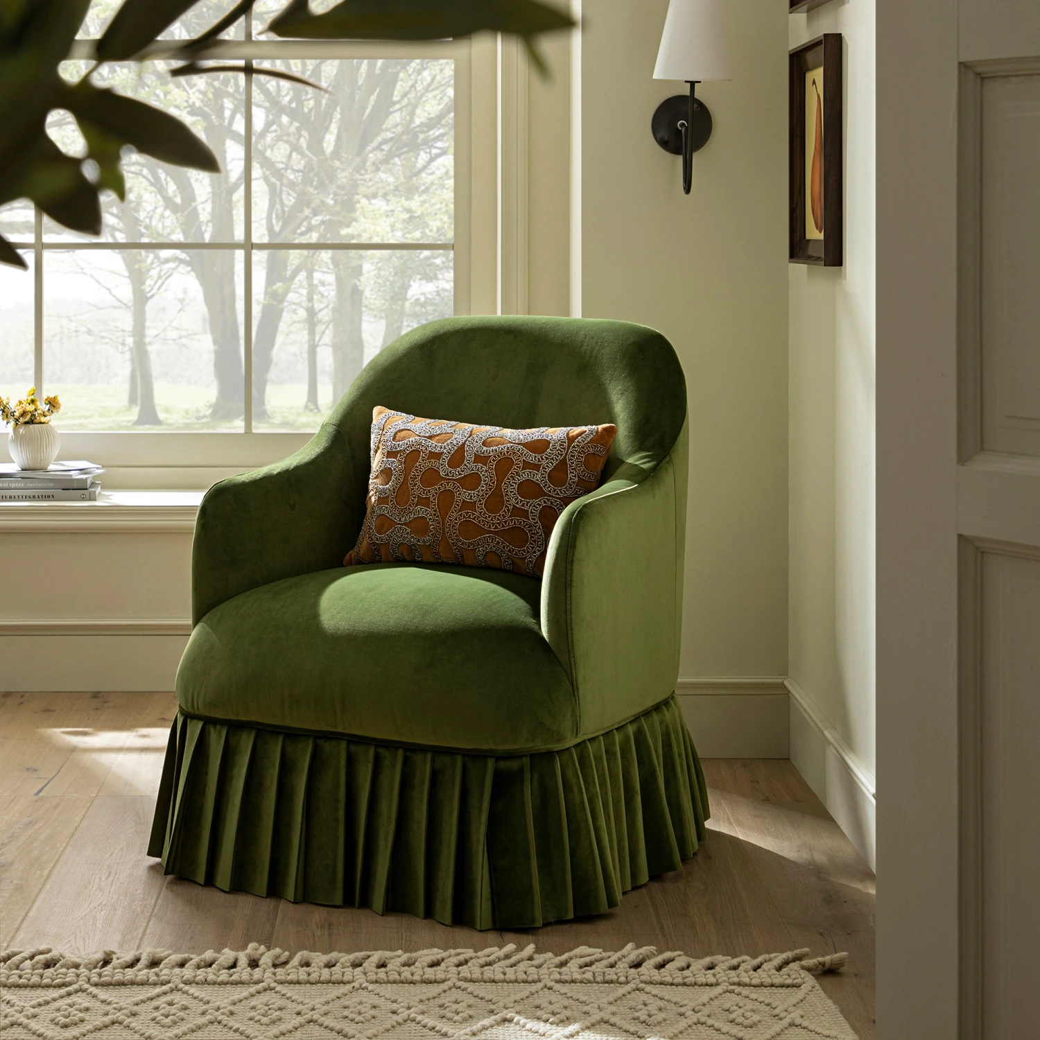 Calliope Skirted Armchair, Fern Green Velvet 1 Calliope Skirted Armchair, Fern Green Velvet