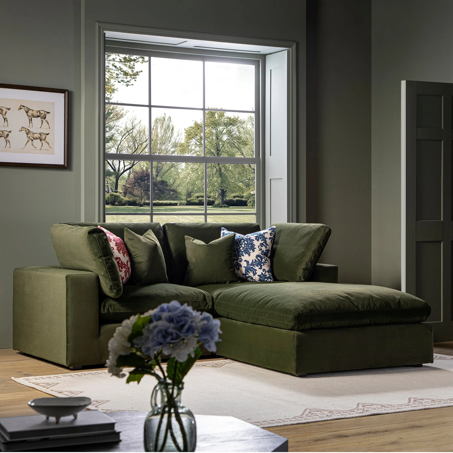 Lutyens Moss Green Velvet Modular Sofa, 2-Piece Chaise 1 Lutyens Moss Green Velvet Modular Sofa, 2-Piece Chaise