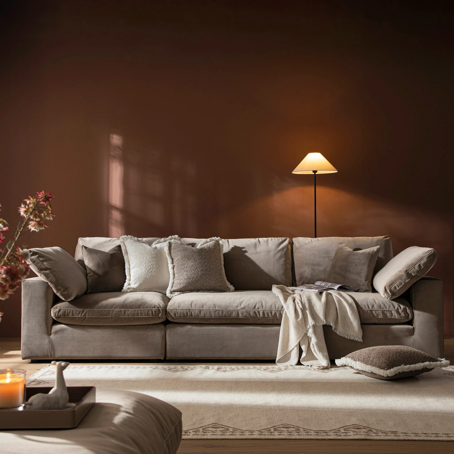 Lutyens Taupe Velvet Modular Sofa, 3-Piece 1 Lutyens Taupe Velvet Modular Sofa, 3-Piece