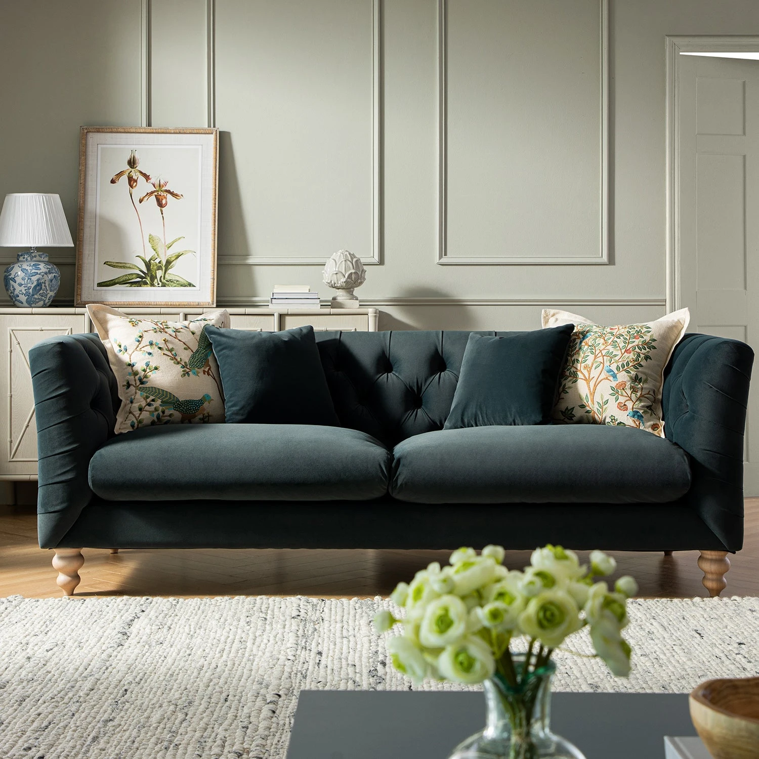 Ashby Chesterfield Large 3-Seater Sofa, Aegean Blue Velvet 1 Ashby Chesterfield Large 3-Seater Sofa, Aegean Blue Velvet