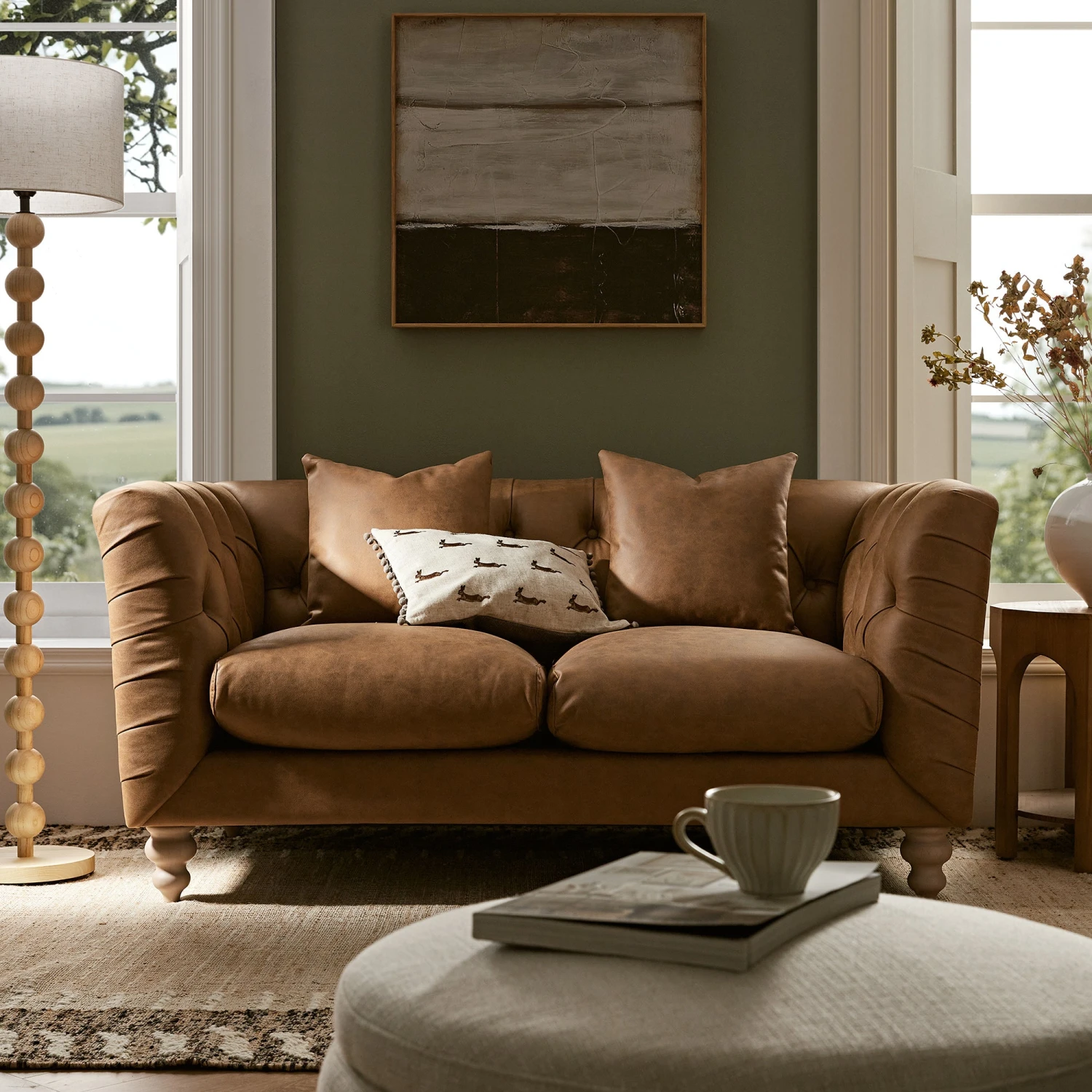 Ashby Chesterfield 2-Seater Sofa, Tan Faux Leather 2 Ashby Chesterfield 2-Seater Sofa, Tan Faux Leather - Image 2