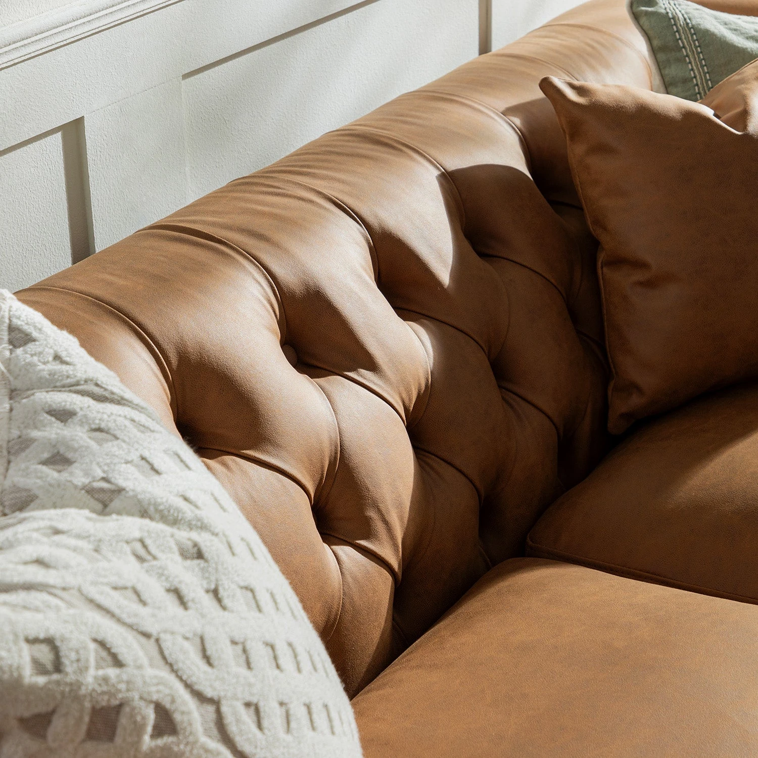 Ashby Chesterfield Large 3-Seater Sofa, Tan Faux Leather 6 Ashby Chesterfield Large 3-Seater Sofa, Tan Faux Leather - Image 6