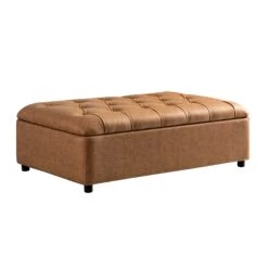 Portland Small Double Buttoned Fold-Out Bed In Ottoman, Tan Faux Suede