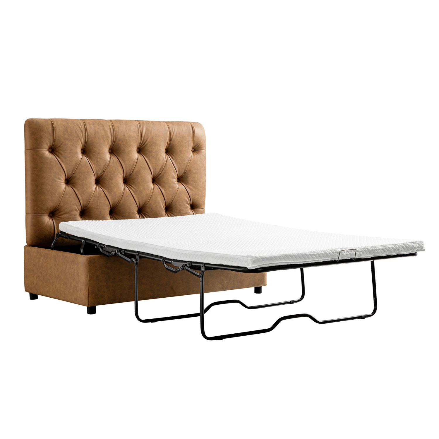 Portland Small Double Buttoned Fold-Out Bed In Ottoman, Tan Faux Suede 2 Portland Small Double Buttoned Fold-Out Bed In Ottoman, Tan Faux Suede - Image 2