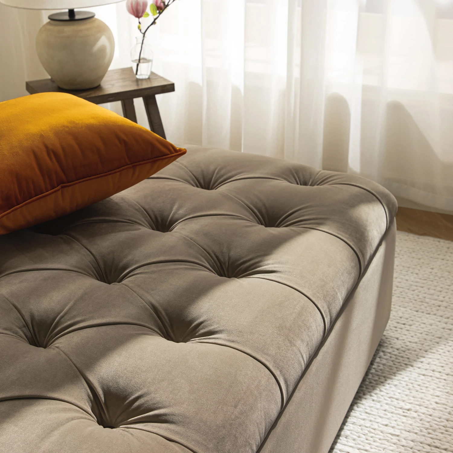 Portland Small Double Buttoned Fold-Out Bed In Ottoman, Mink Velvet 7 Portland Small Double Buttoned Fold-Out Bed In Ottoman, Mink Velvet - Image 7