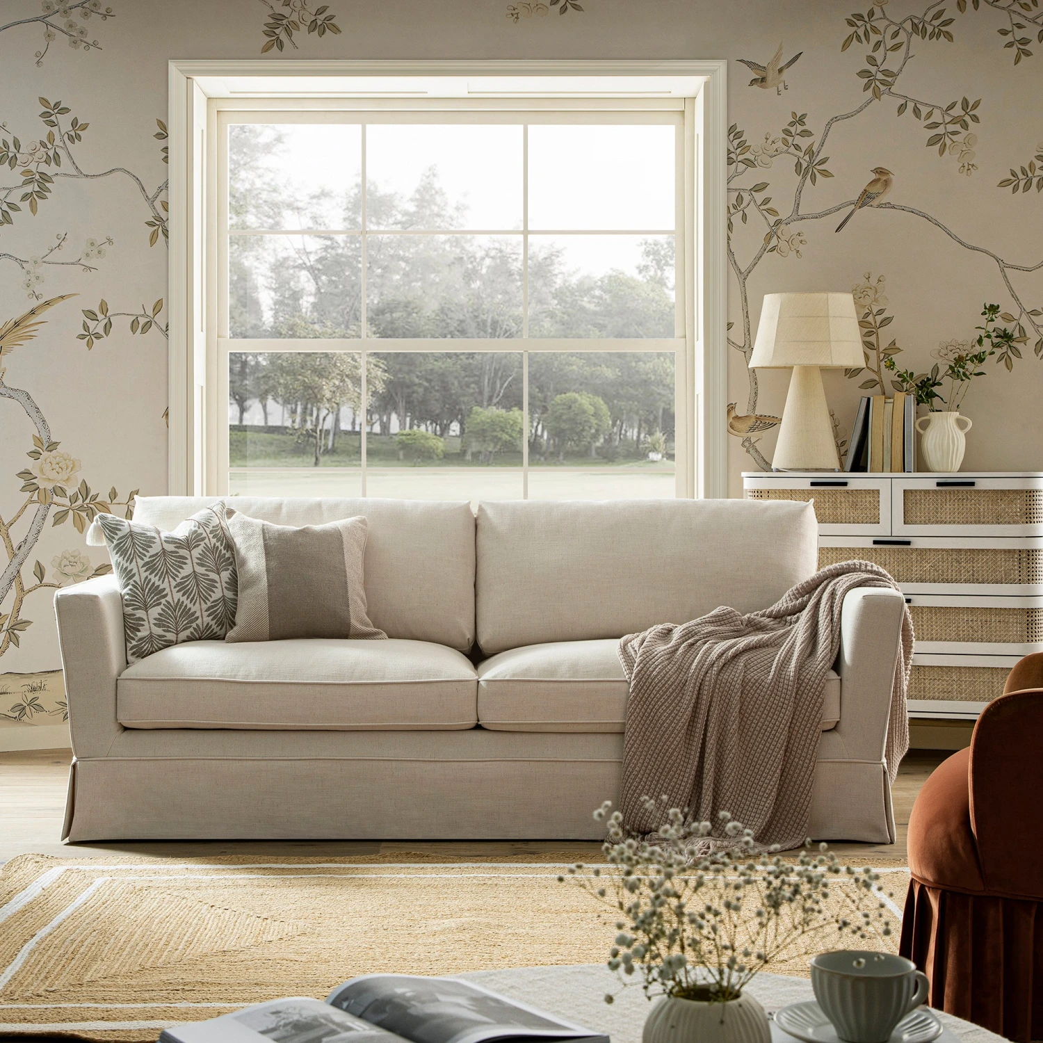 Fitz Skirted Large 3-Seater Sofa, Oatmeal Linen Blend 2 Fitz Skirted Large 3-Seater Sofa, Oatmeal Linen Blend - Image 2