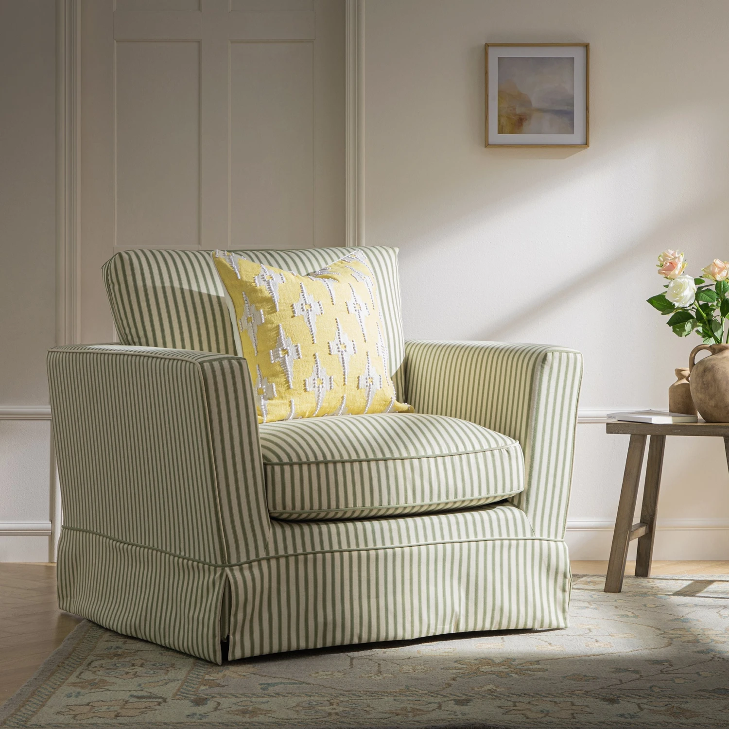Fitz Skirted Armchair, Sage Striped Linen Blend 1 Fitz Skirted Armchair, Sage Striped Linen Blend