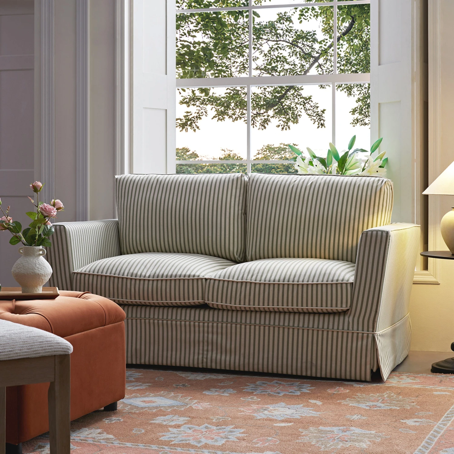 Fitz Skirted 2-Seater Sofa, Sage Striped Linen Blend 1 Fitz Skirted 2-Seater Sofa, Sage Striped Linen Blend