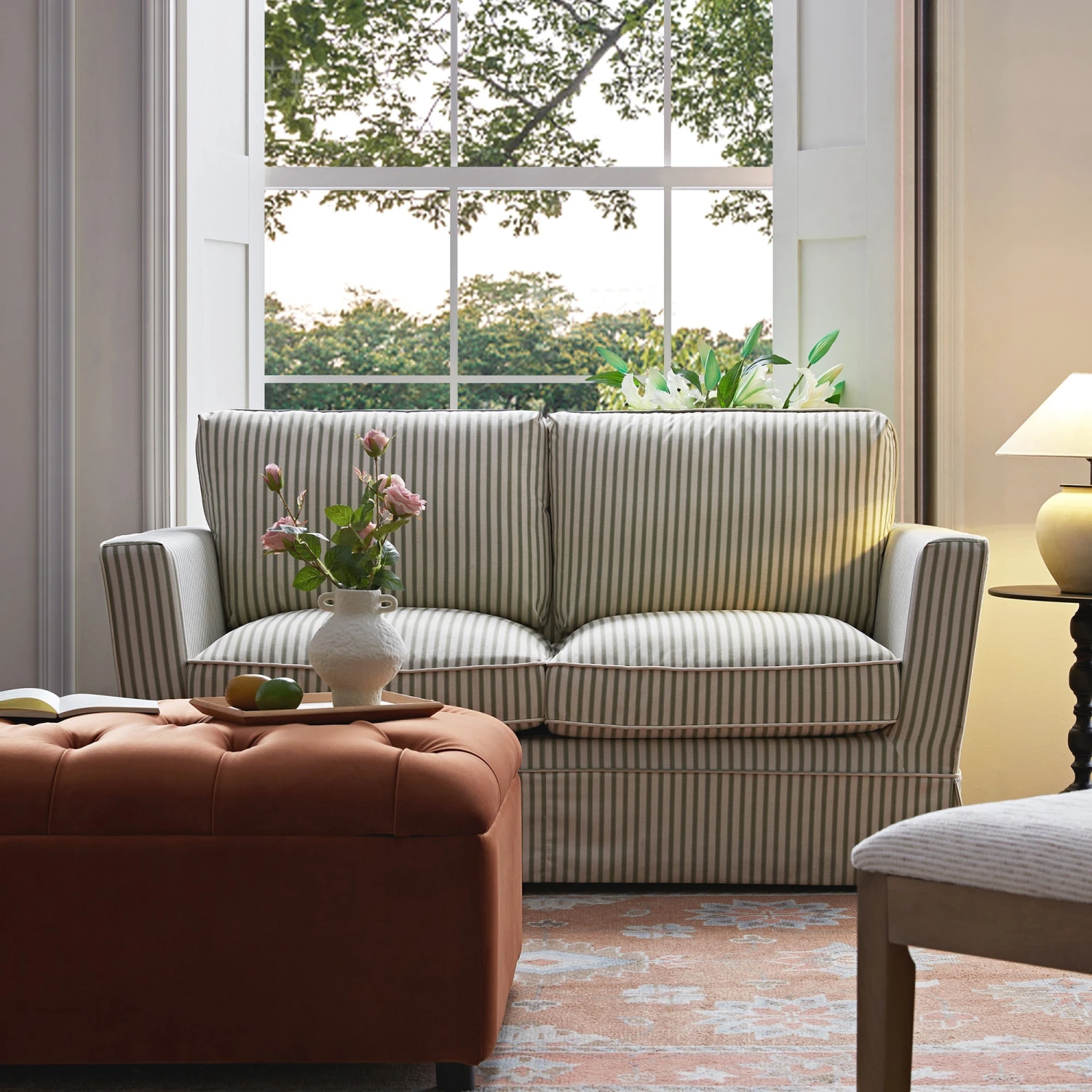 Fitz Skirted 2-Seater Sofa, Sage Striped Linen Blend 2 Fitz Skirted 2-Seater Sofa, Sage Striped Linen Blend - Image 2