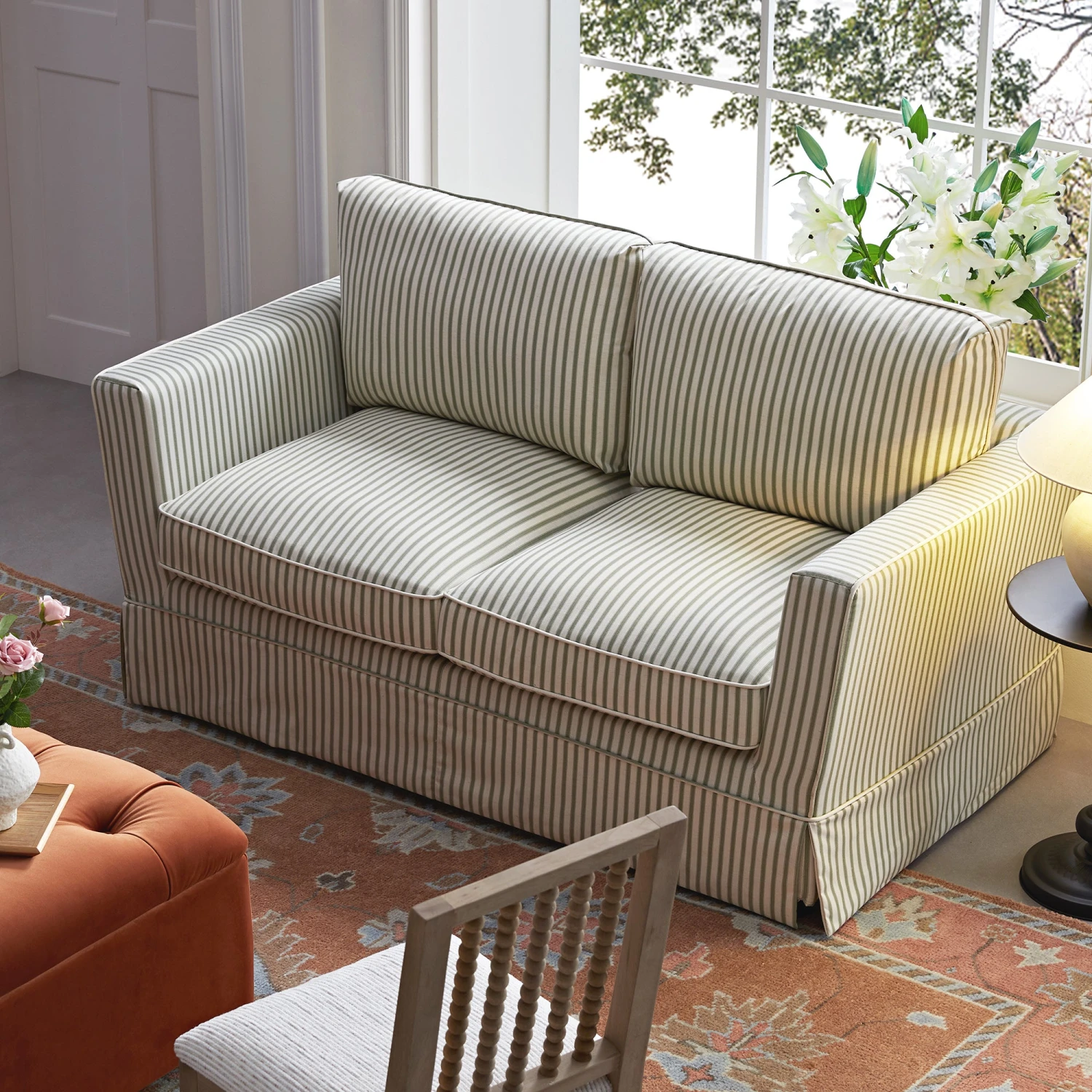 Fitz Skirted 2-Seater Sofa, Sage Striped Linen Blend 3 Fitz Skirted 2-Seater Sofa, Sage Striped Linen Blend - Image 3