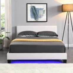 URSA White PU Leather Bed Frame With LED On Footend -Daals Store SF804WHITE scene1