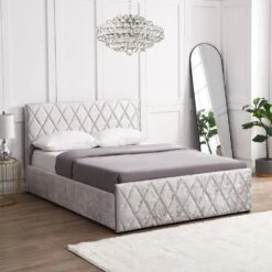 Hayden Crushed Velvet Side Lift Storage Ottoman Upholstered Bed Frame Silver