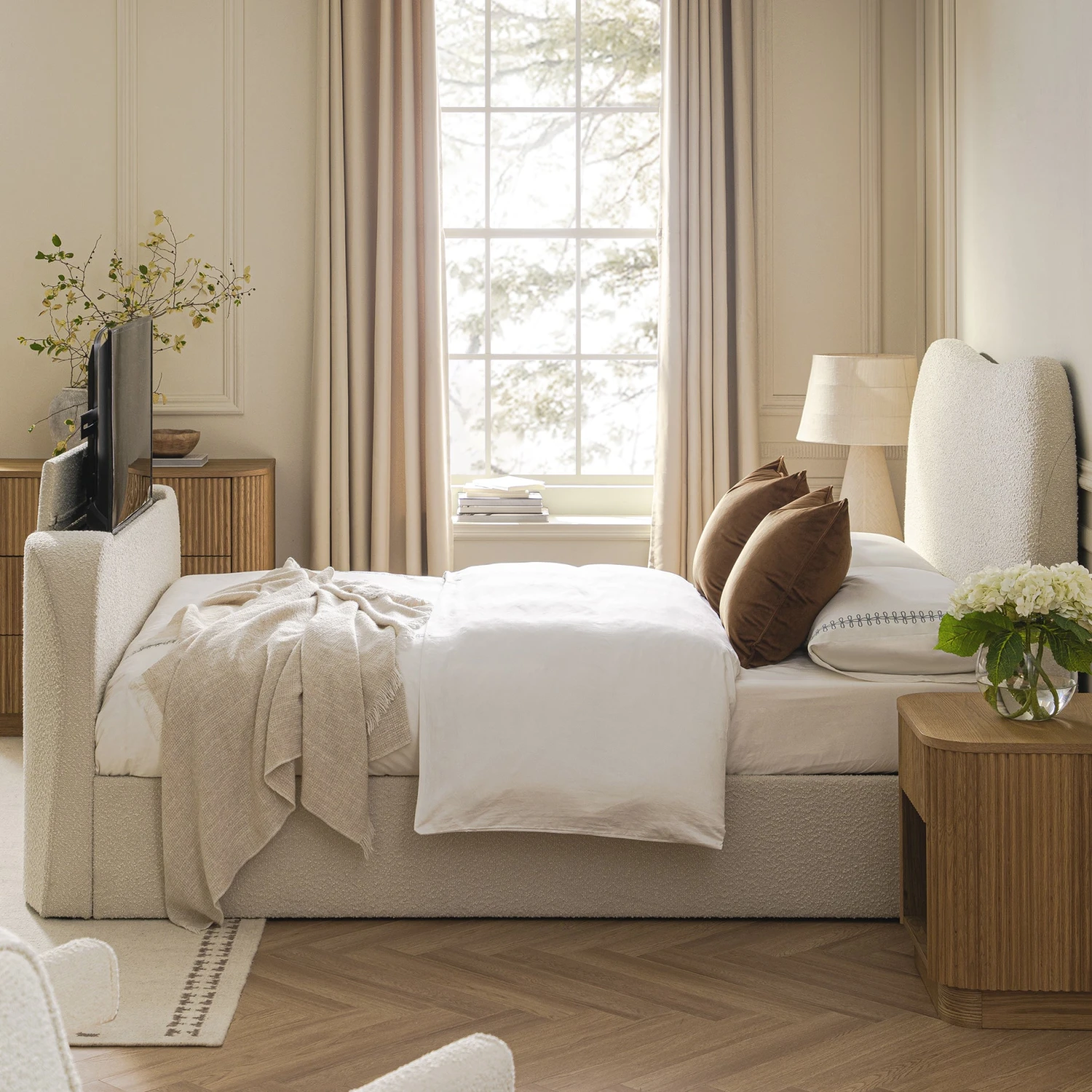 Egerie Curved Headboard Beige Boucle Ottoman TV Bed 5 Egerie Curved Headboard Beige Boucle Ottoman TV Bed - Image 5